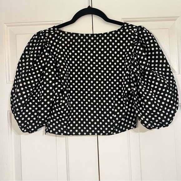 Free People Polka Dot Puff Sleeve Crop Top Blouse Womens Size 2 Black White - Picture 9 of 9